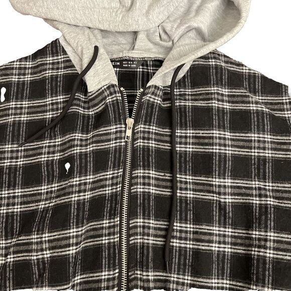 Women's‎ black and white zip up shein plaid gray hood crop jacket Size Small - Picture 3 of 4